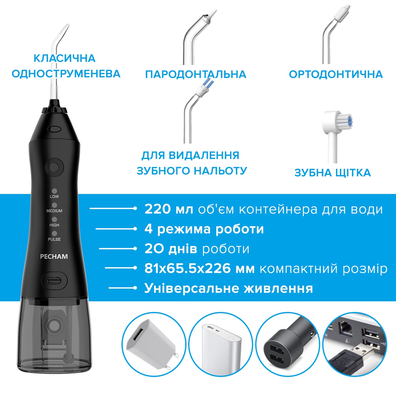 Іригатор Pecham travel black PC-1581 + річний запас насадок