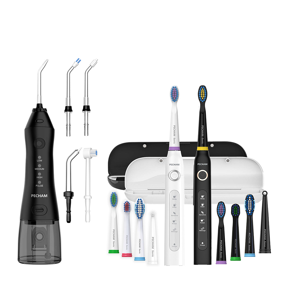 Комплект Іригатор Pecham travel black PC-1581 + Набір звукових зубних щіток PECHAM Black and White Travel Set PC-084